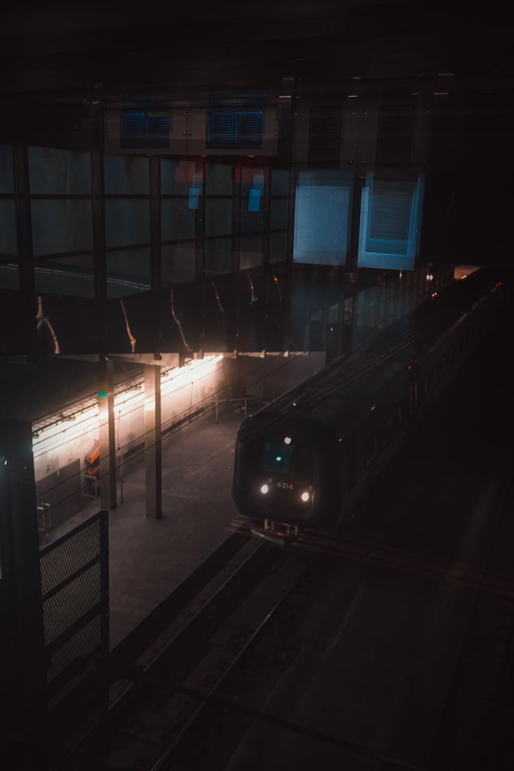 A Subway On The Tracks At Night