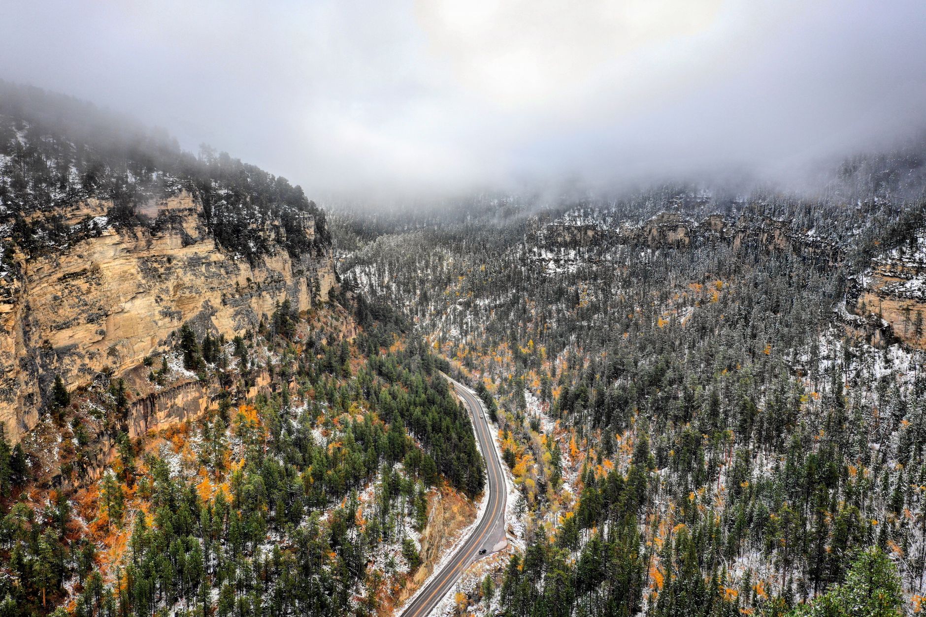 A breathtaking view of Spearfish Canyon with snow-covered trees and rocky cliffs during winter.