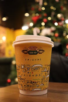 Close-up of a decorated coffee cup in a warm cafe setting with a Christmas tree in the background.