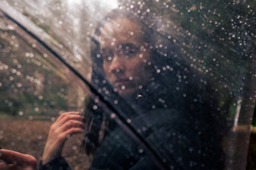 A woman holding a transparent umbrella in a rainy park setting, creating a moody scene.