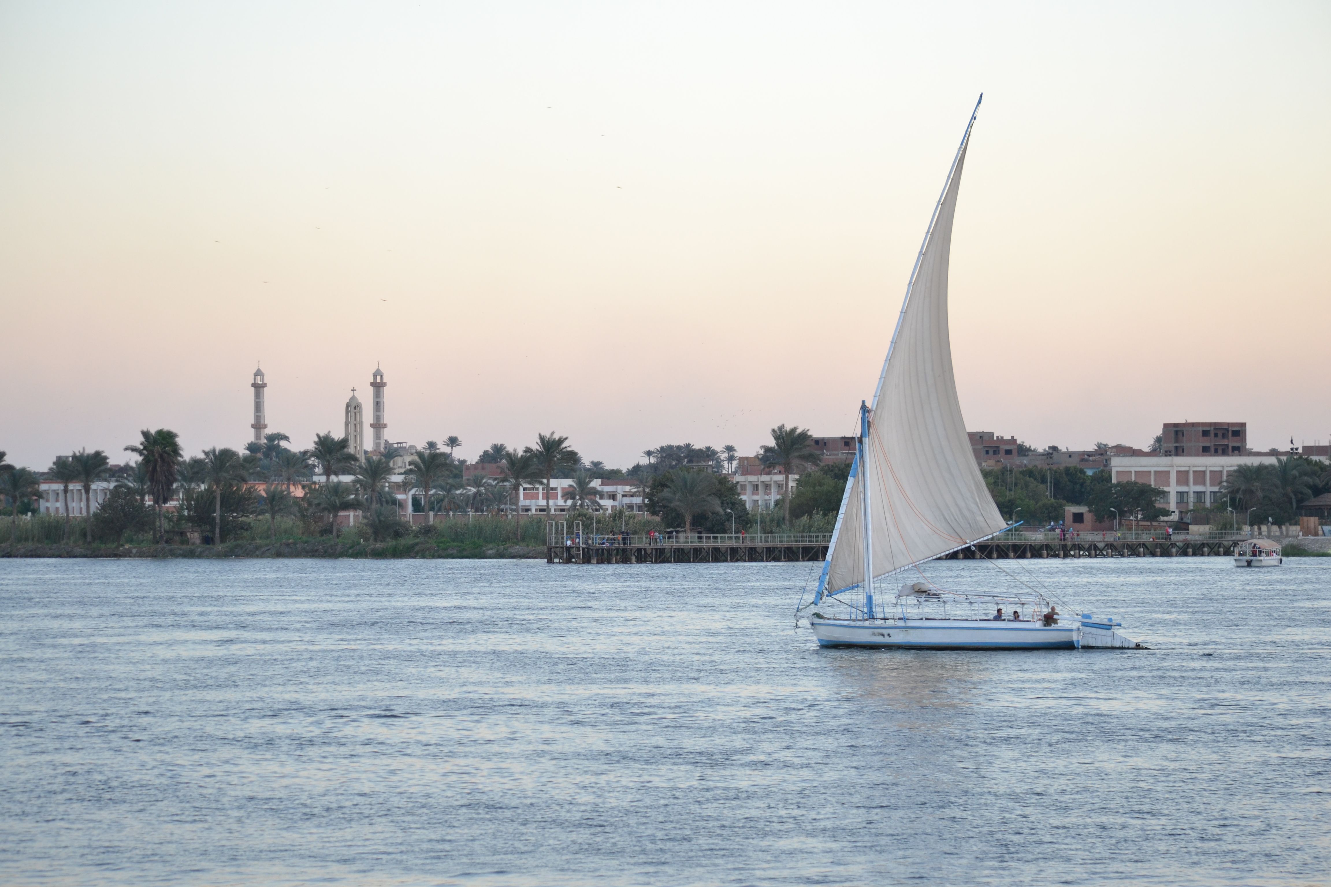 Hotel balcony overlooking the Nile in Luxor at sunset