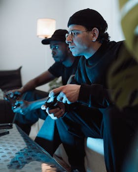 Two men engrossed in a video game in a cozy indoor setting in Istanbul, Türkiye.