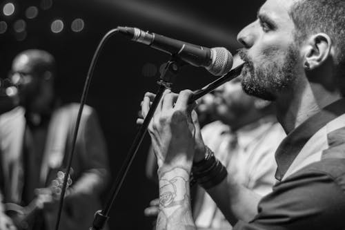 Homme Jouant De La Flûte Près Du Microphone