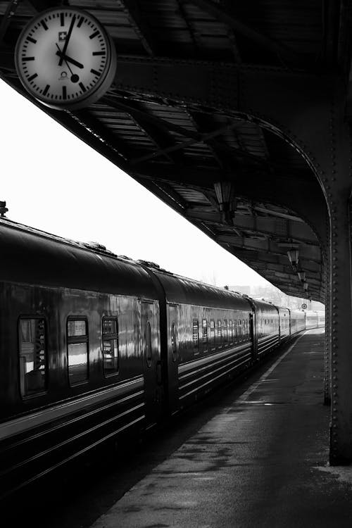 Základová fotografie zdarma na téma černobílý, lokomotiva, nástupiště