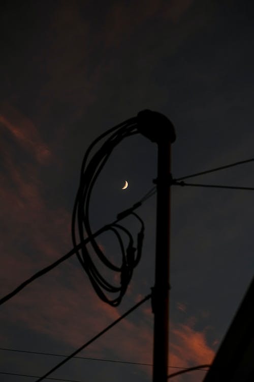 A crescent moon is seen in the sky over a telephone pole