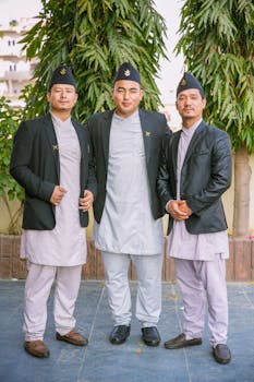 Three men in traditional attire posing together outdoors, showcasing cultural unity.