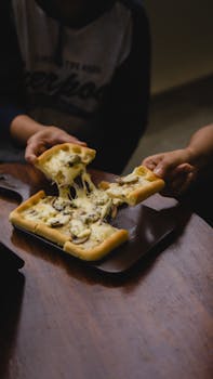 Cheese pizza with mushrooms being enjoyed by two people indoors, highlighting togetherness.