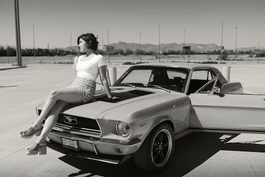 Classic Ford Mustang with a model on a sunny day in Los Angeles.