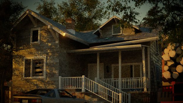 A picturesque rustic house surrounded by trees during sunset, evoking tranquility.