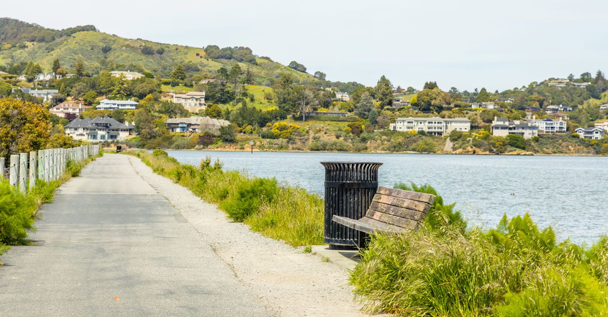 A picturesque lakeside path with a bench, trash bin, and hillside homes under a clear summer sky