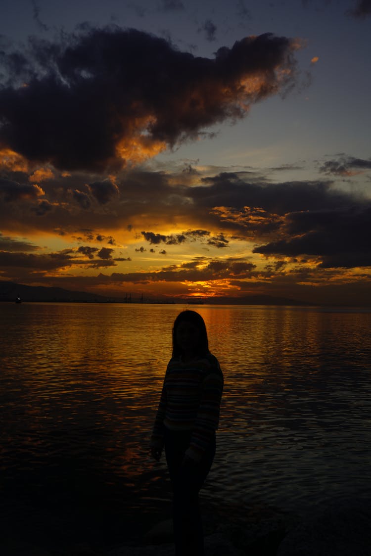 Silhouette Of Woman Standing On Sea Shore At Sunset