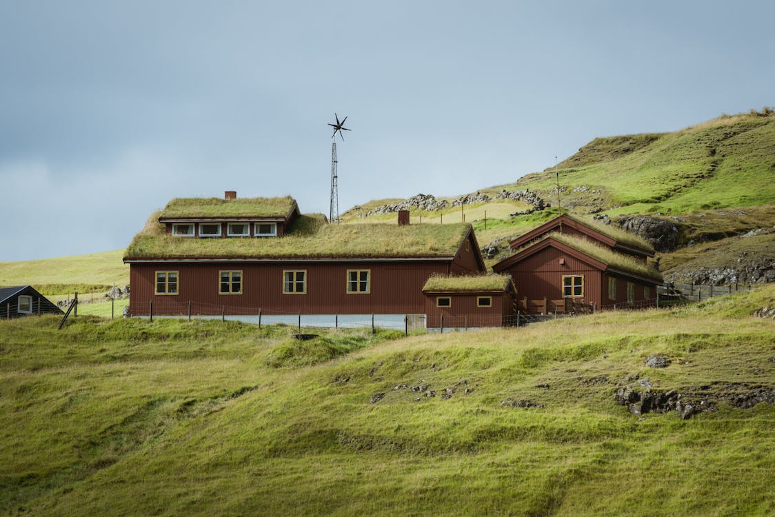 Free Rustic sod-roof houses in the rolling hills of the Faroe Islands, showcasing traditional architecture. Stock Photo