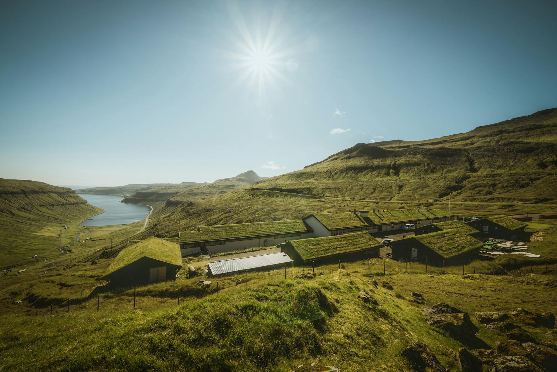 Village with Green Roofs of Buildings on Green Hill