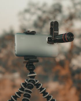 Close-up of a smartphone with an attached lens on a tripod, captured outdoors.