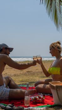 A couple enjoys a romantic picnic by the sea, toasting with champagne under a clear blue sky.