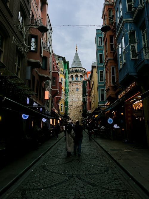 Street with the View of the Galata Tower in Istanbul, Turkey