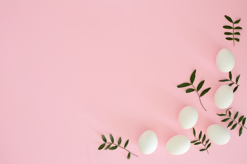 Free White eggs and green leaves creatively arranged on a soft pink background. Stock Photo