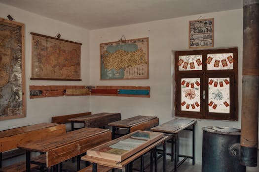 Vintage classroom setting featuring old wooden desks, maps, and Turkish flags.