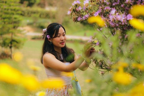 Free A young woman in a garden, admiring purple blossoms during a sunny spring day. Stock Photo