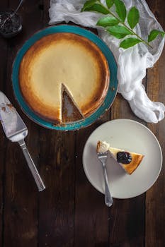 盘子上放着经典的芝士蛋糕切片，搭配浆果浇头，非常适合甜点爱好者