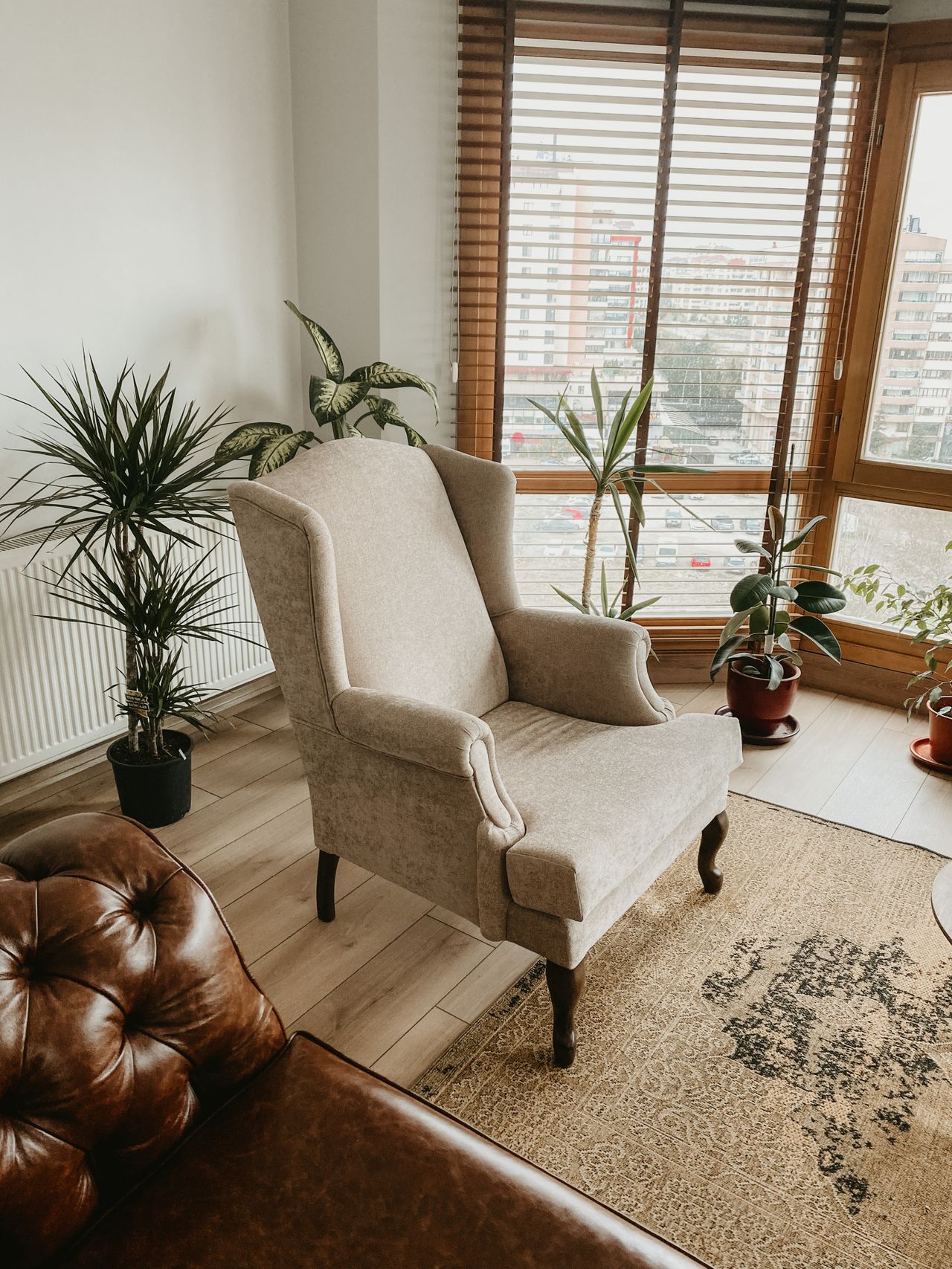 Wingback armchair beside a window with houseplants in a living room