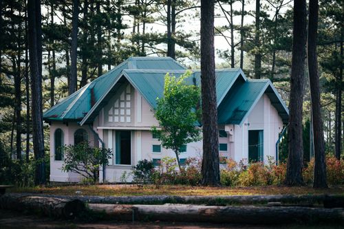 Free Cozy bungalow surrounded by towering pine trees in a peaceful forest setting. Stock Photo