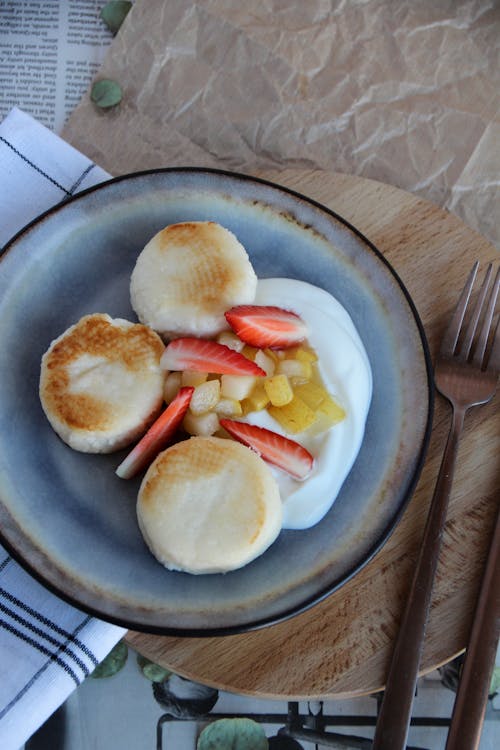 Free Pancakes with Yogurt and Fruit  Stock Photo