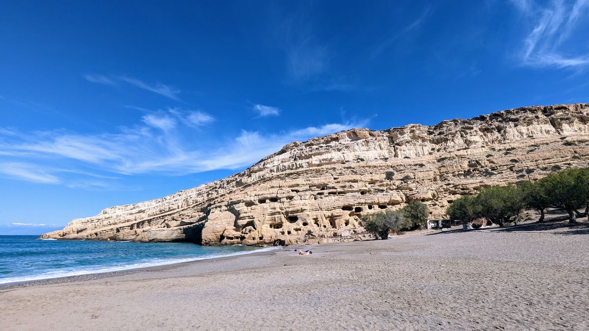 The man-made caves in the sandstone cliff above Matala beach