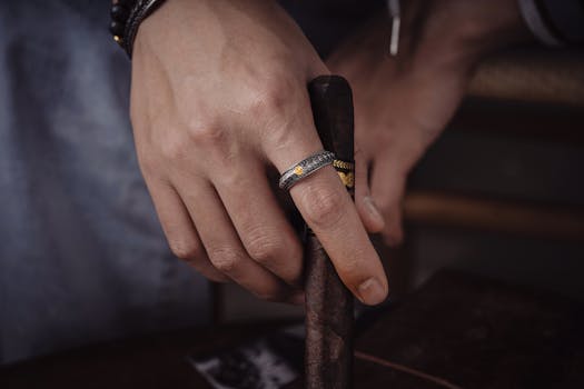 Close-up of a hand wearing a silver ring holding a cigar, showcasing elegance and style.