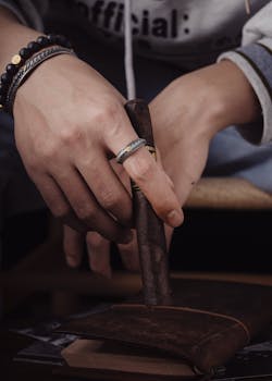 A close-up of a person's hands with rings, holding a cigar over a leather journal, symbolizing luxury and relaxation.