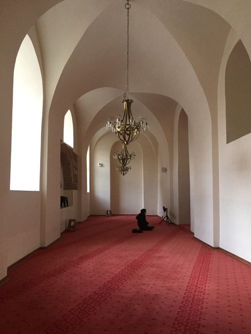 Free Serene arched corridor with elegant chandelier and person praying on red carpet. Stock Photo