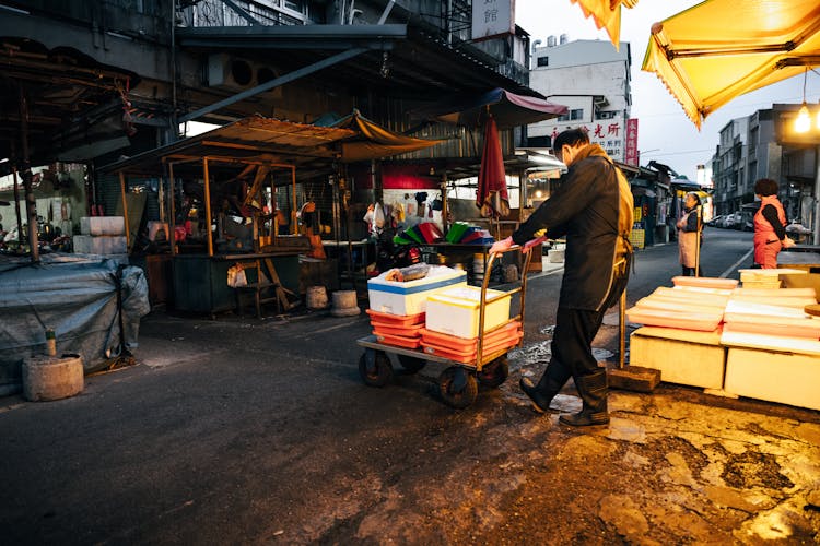 A Person Pushing A Cart In A City 