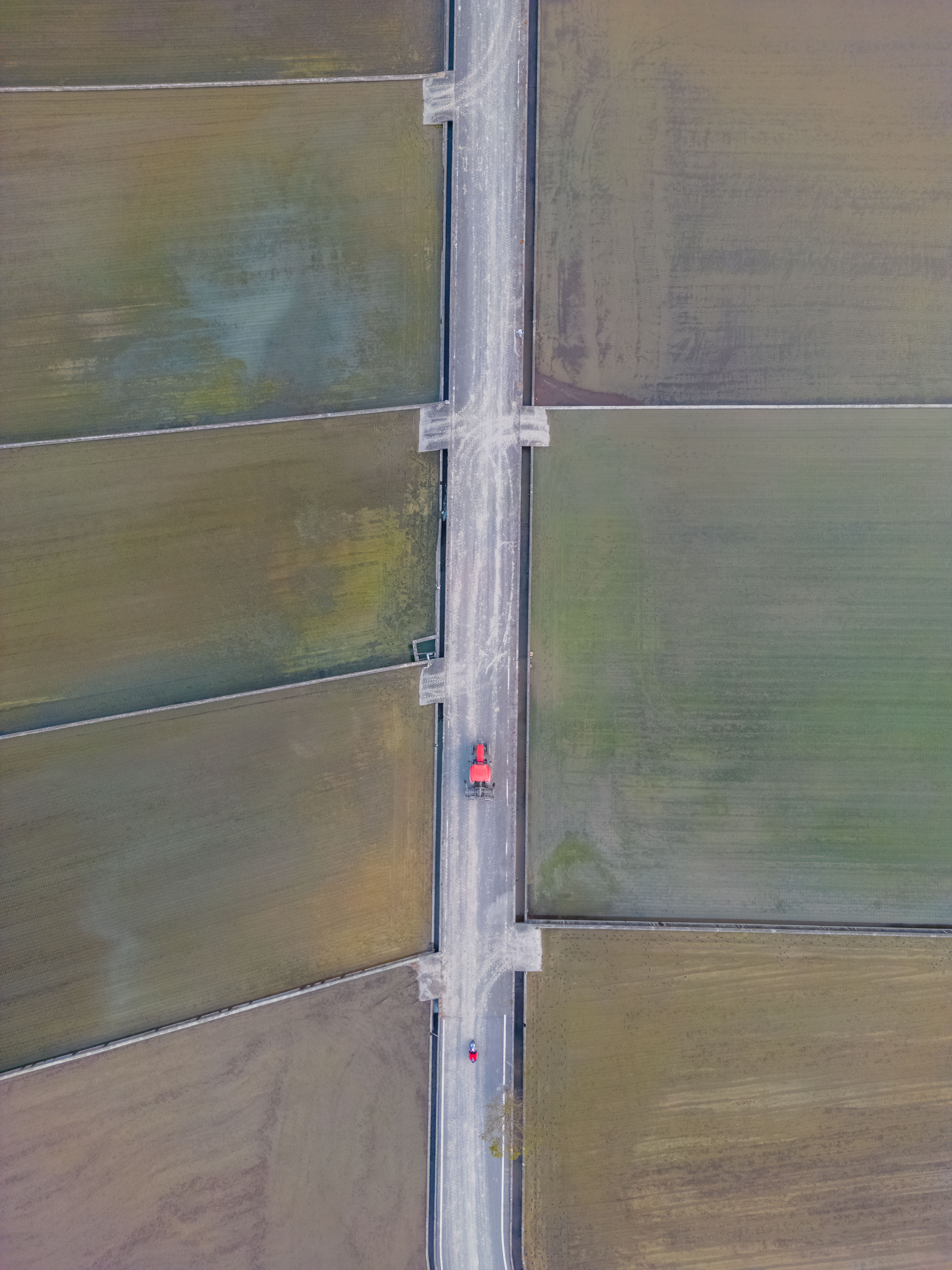 Drone shot of arranged fields with road and vehicle, showcasing agricultural geometry.