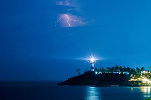 Lightning over Lighthouse in Evening