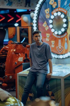 A young man leans against an arcade box in a vibrant game room, wearing a gray t-shirt and jeans.