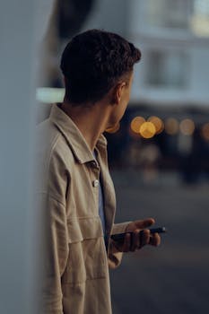 Man in a jacket holding a cellphone in an urban setting, showcasing modern fashion.
