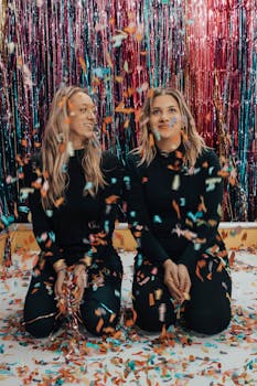 两名女子在室内，以五彩纸屑和金属箔为背景，愉快地庆祝着