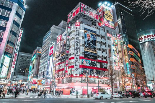 夜晚，在明亮的霓虹灯和繁华的街道中，探索东京新宿充满活力的城市景观
