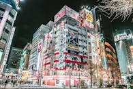 秋叶原夜晚的街道灯火通明，霓虹闪烁，展现出东京繁华的城市生活