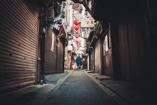 A person walks through a narrow alley lined with red lanterns, capturing urban charm and cultural essence.