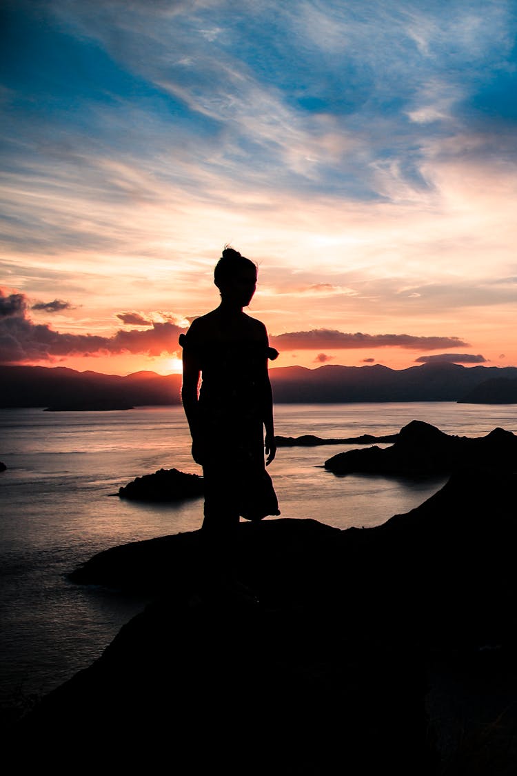 Silhouette Of Woman Standing Near Water At Sunset