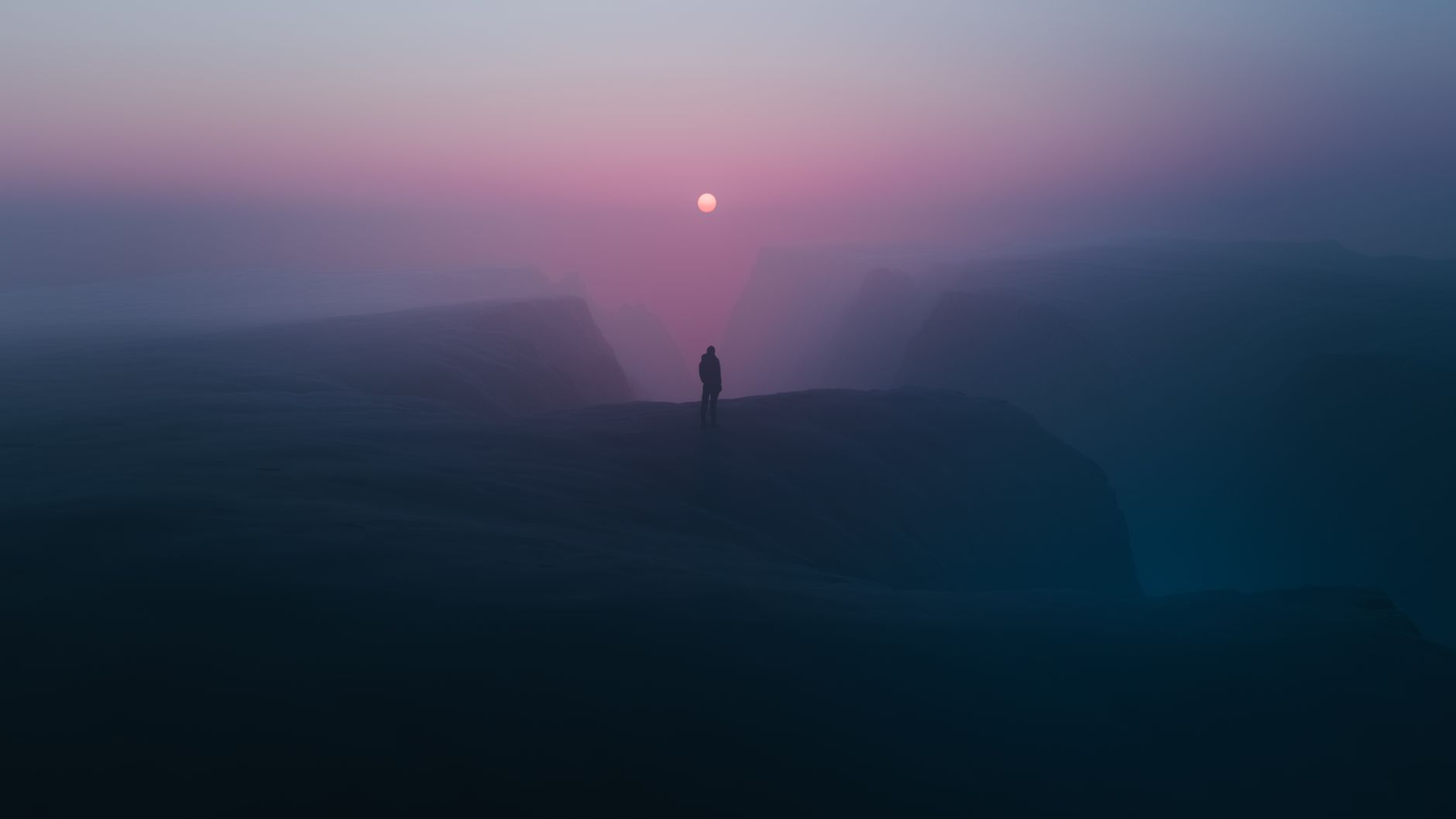 A solitary figure stands on foggy cliffs under a rising sun, creating a mystical twilight scene.