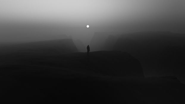 A solitary figure stands in a misty landscape under a bright moon.