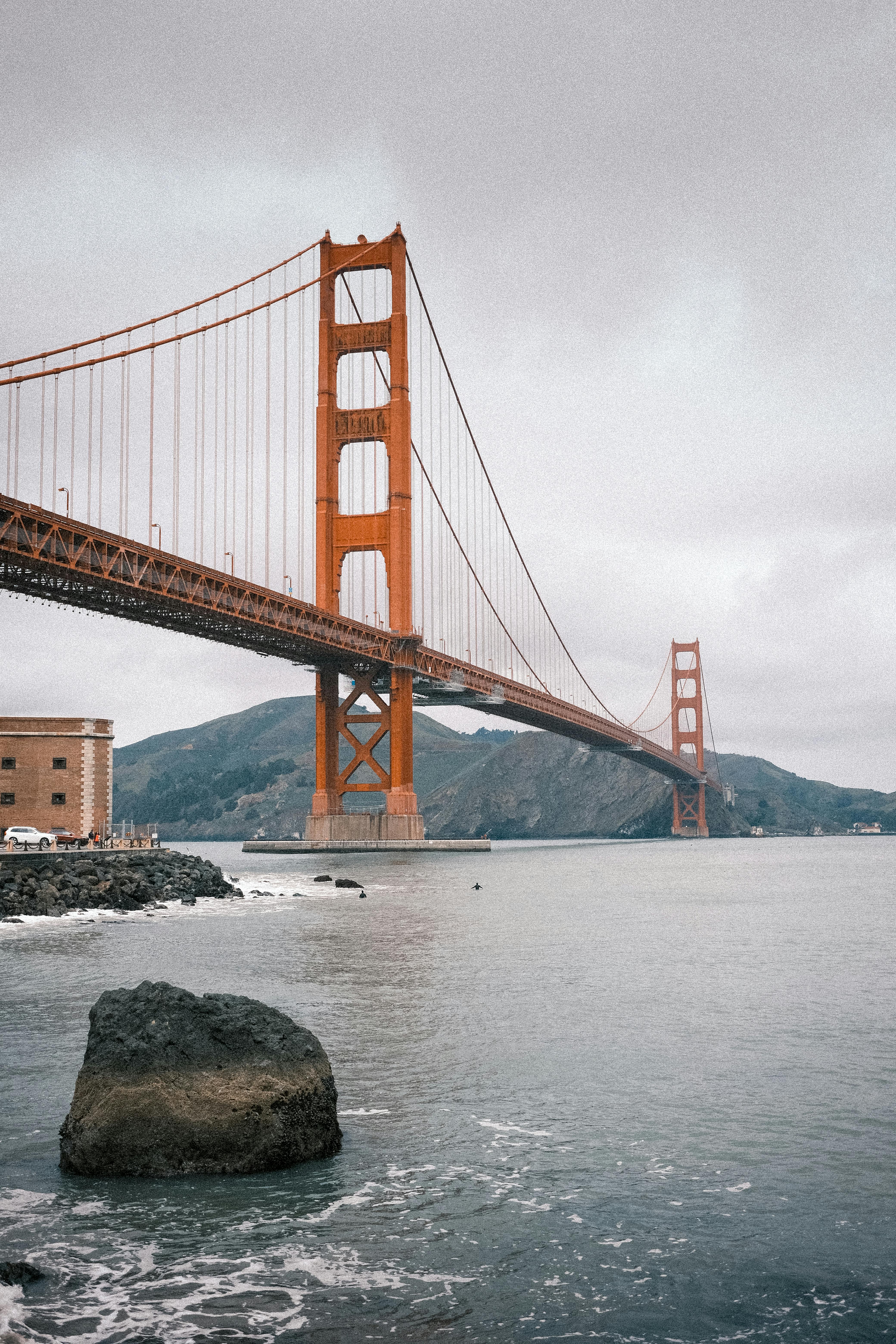 Iconic Golden Gate Bridge in San Francisco spans over the bay on a cloudy day. A must-see landmark.