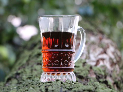Free Clear glass mug filled with tea placed on mossy tree bark in a natural setting. Stock Photo