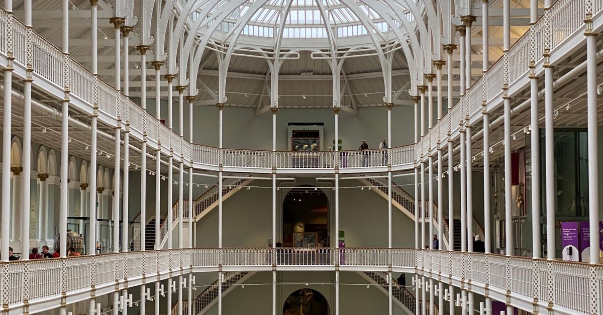 Grand interior hall of the National Museum of Scotland in Edinburgh.
