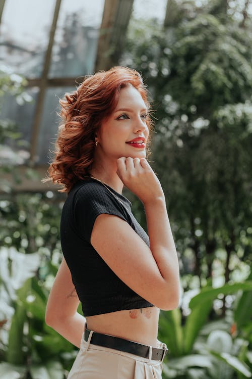 Portrait of a Beautiful Woman in a Black T-Shirt 