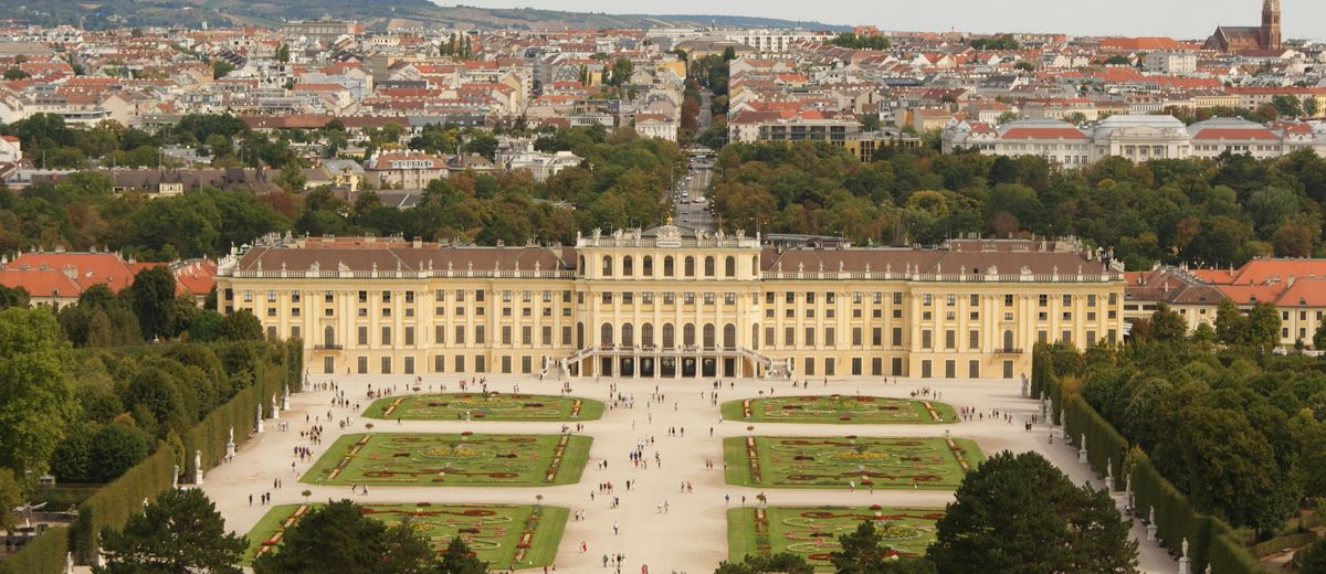 Aerial view of Schönbrunn Palace and gardens in Vienna