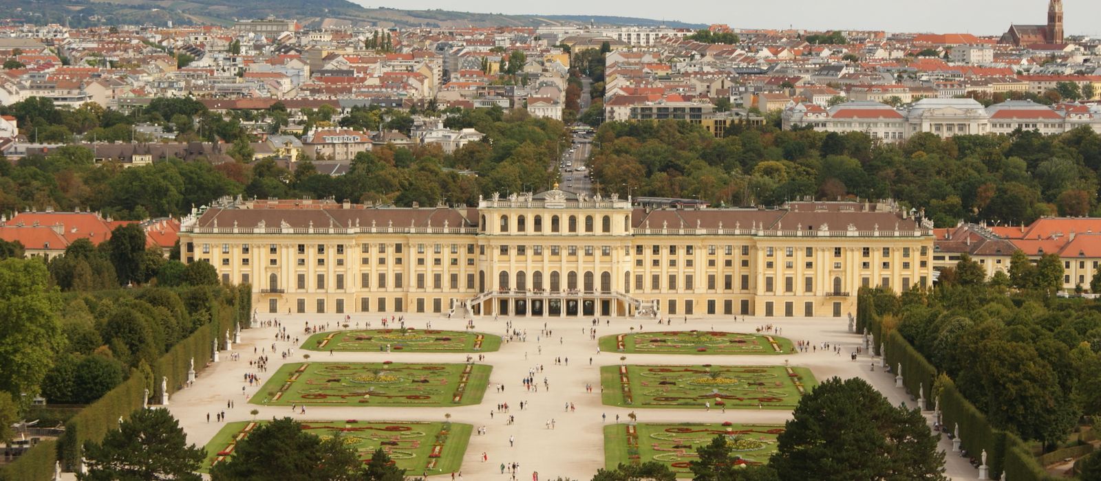 Stunning aerial view of Schönbrunn Palace and gardens in Vienna, Austria.