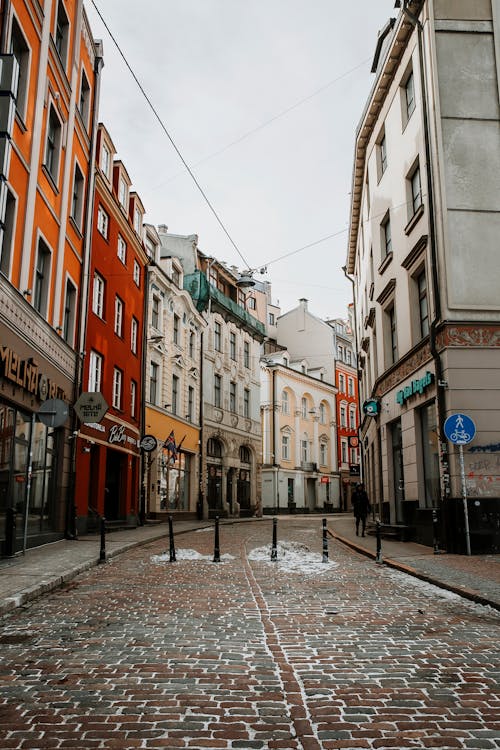 Decorative Facades along Cobblestone Street 